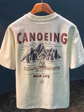 Canoeing Graphic Tee in Cream with Brown & Navy Print